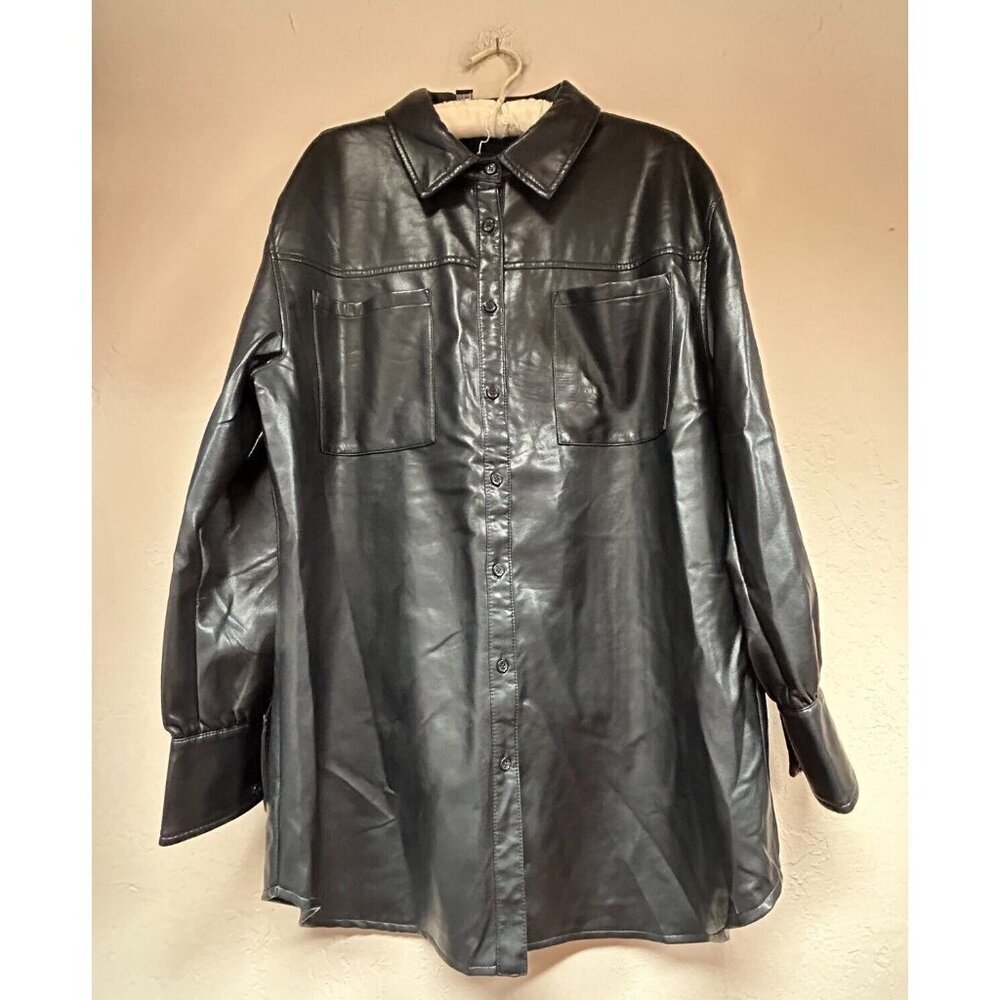 Bagatelle Collection Womens Button Up Faux Leather Shirt Jacket XL Black Pockets